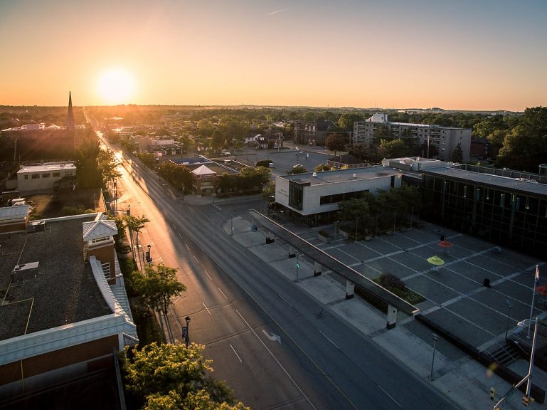 Birds-eye-view image of Downtown Whitby at sunset