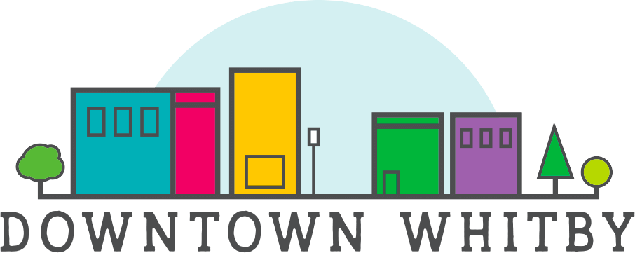 An illustrated skyline with Downtown Whitby written underneath